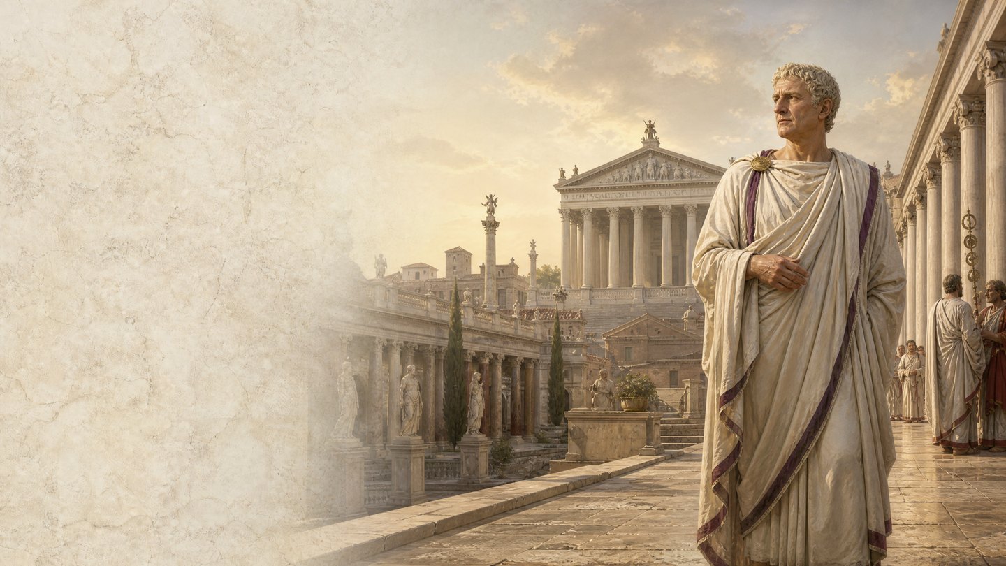 Illustrazione editoriale di Augusto nel Foro di Roma con il tempio di Marte Ultore sullo sfondo