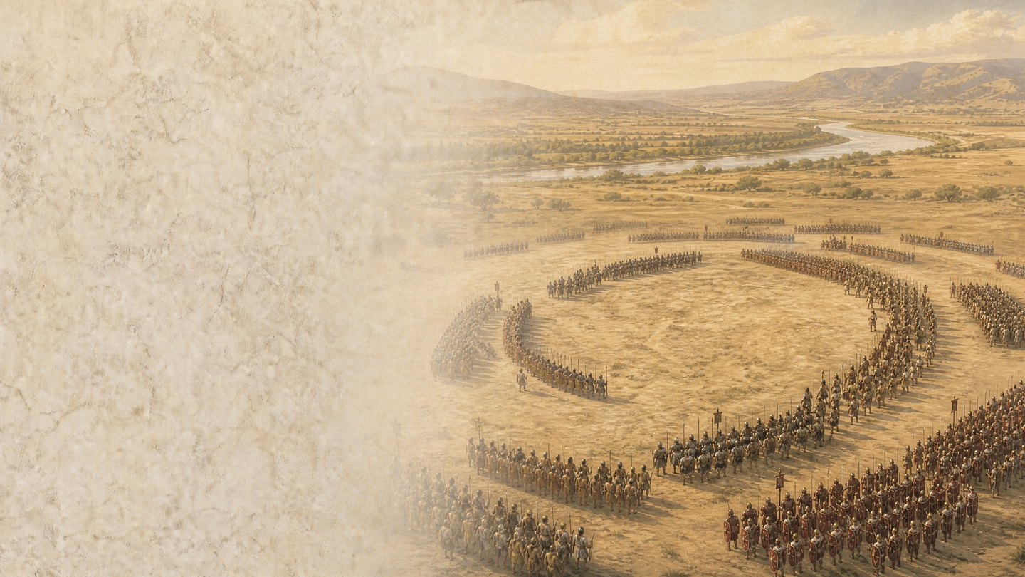 Illustrazione editoriale della battaglia di Canne con le formazioni romane e cartaginesi nella pianura dell’Ofanto