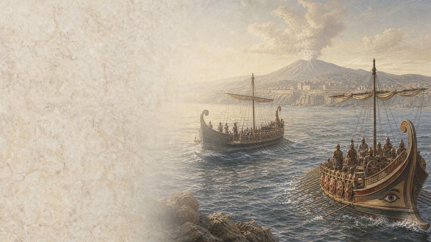 Illustrazione editoriale di galee romane e cartaginesi nel Mediterraneo durante le guerre puniche