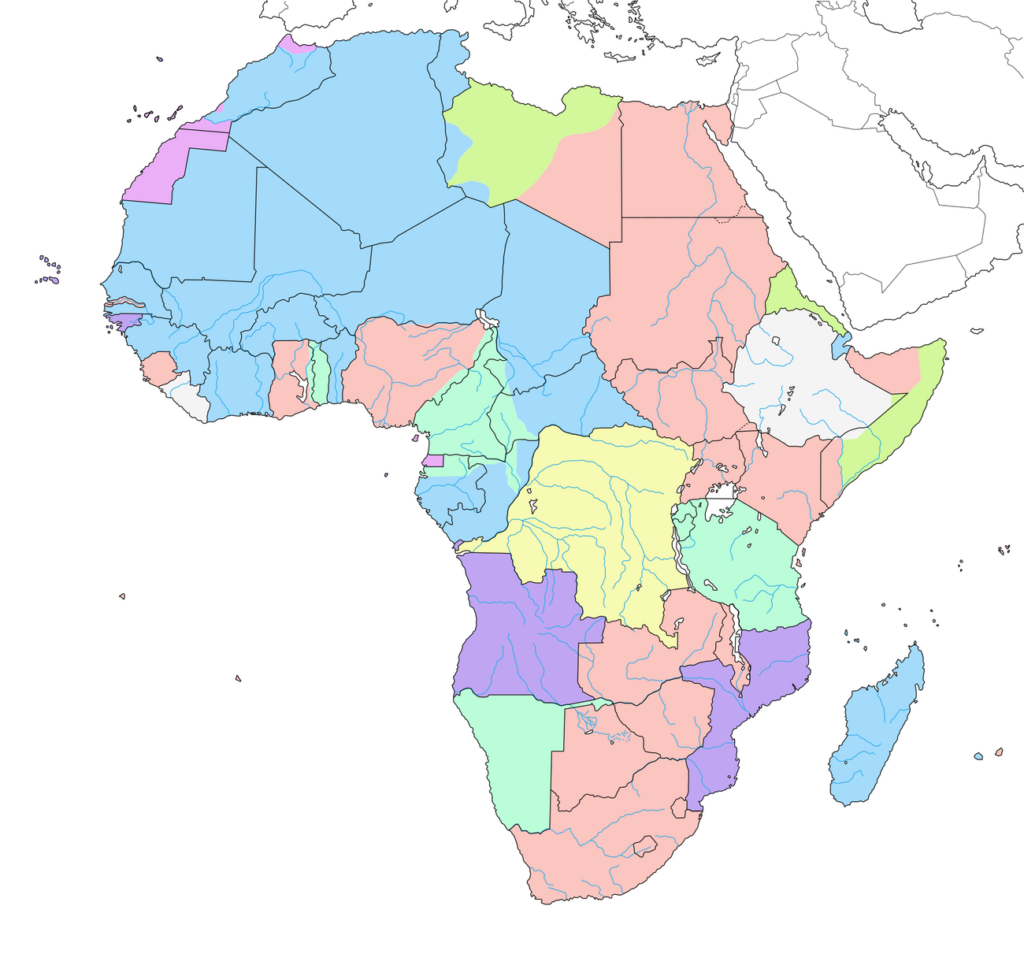 Mappa dell’Africa nel 1913 divisa tra le potenze coloniali europee: Francia in azzurro, Regno Unito in rosa, Germania in verde acqua, Belgio in giallo, Portogallo in viola, Italia in verde chiaro, Spagna in lilla; Etiopia e Liberia indipendenti in bianco
