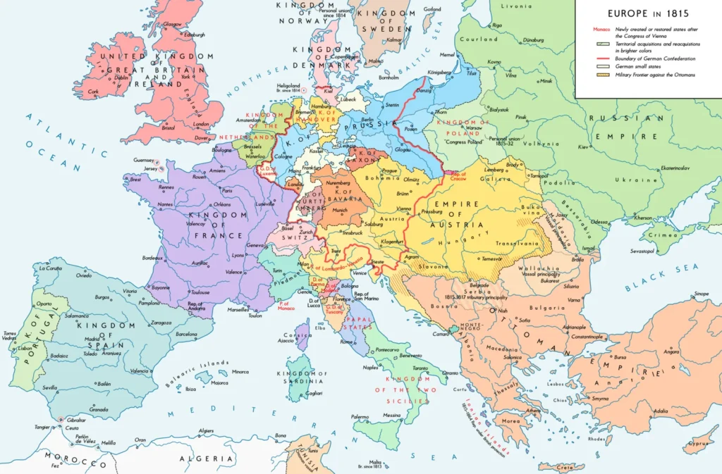 Mappa politica dell’Europa nel 1815 dopo il Congresso di Vienna, con il Regno Unito, la Francia restaurata, la Confederazione germanica, l’Impero austriaco, la Prussia, l’Impero russo e gli Stati italiani