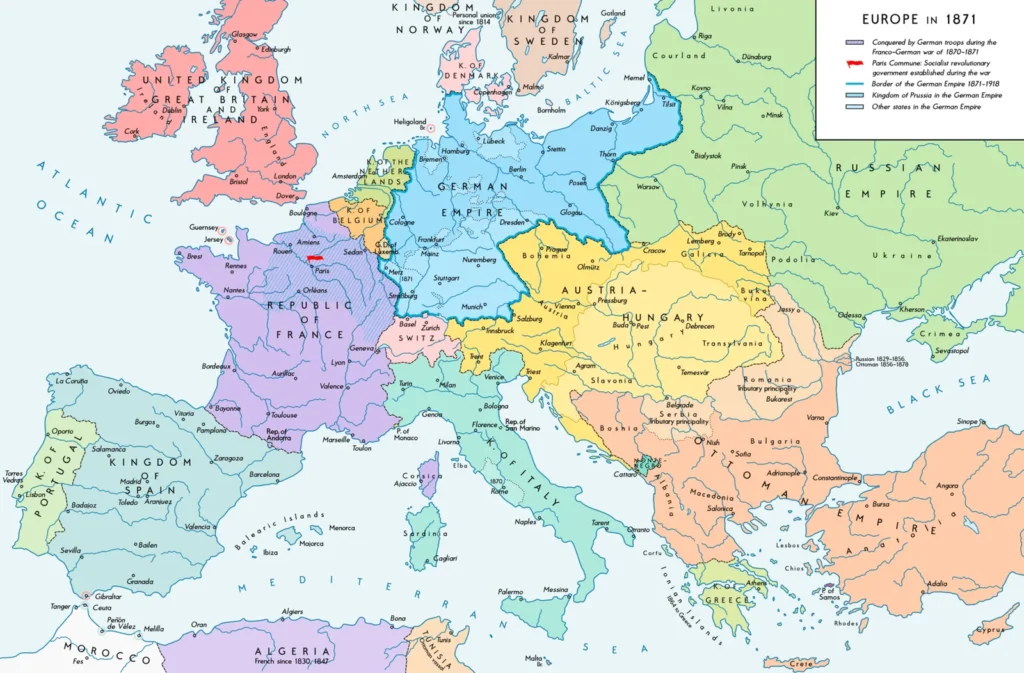 Mappa politica dell’Europa nel 1871 dopo la guerra franco-prussiana, con il nuovo Impero tedesco, il Regno d’Italia, l’Austria-Ungheria, l’Impero russo e l’Impero ottomano