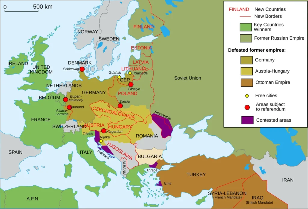 Mappa dell’Europa nel 1923 dopo la Prima guerra mondiale, con i nuovi Stati nati dai trattati di pace, i territori persi dagli imperi sconfitti, le città libere e le aree contese