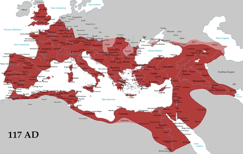 Mappa dell’Impero romano alla sua massima estensione nel 117 d.C., sotto l’imperatore Traiano, con le province in rosso e gli Stati clienti in rosa intorno al Mediterraneo