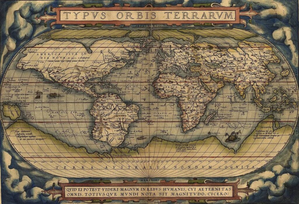 Antica carta del mondo Typus Orbis Terrarum di Abraham Ortelius del 1570, con i continenti conosciuti e una grande terra australe immaginaria