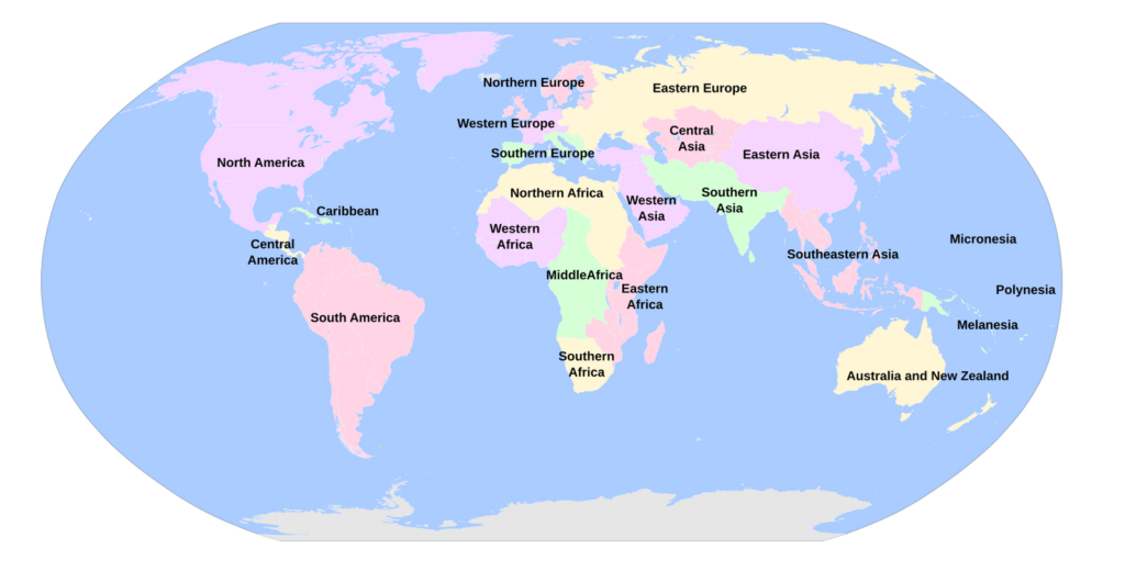 Mappa del mondo divisa nelle regioni e sottoregioni geografiche usate dalla Divisione statistica delle Nazioni Unite, come Europa meridionale, Asia orientale, Africa occidentale e America meridionale