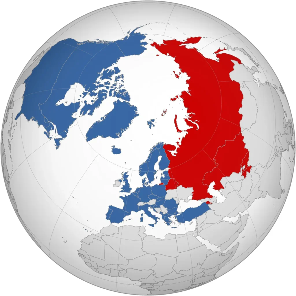 Mappa dell’emisfero settentrionale con i paesi membri della NATO in blu, inclusi Finlandia e Svezia, e i paesi dell’Organizzazione del Trattato di sicurezza collettiva (CSTO) guidata dalla Russia in rosso
