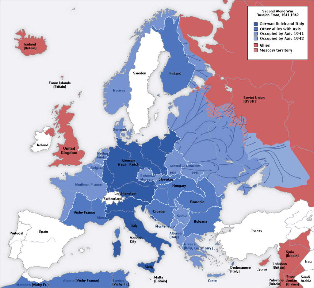Mappa dell’Europa durante la Seconda guerra mondiale tra il 1941 e il 1942, con la Germania e i suoi alleati, i territori occupati dall’Asse, gli Alleati e i paesi neutrali
