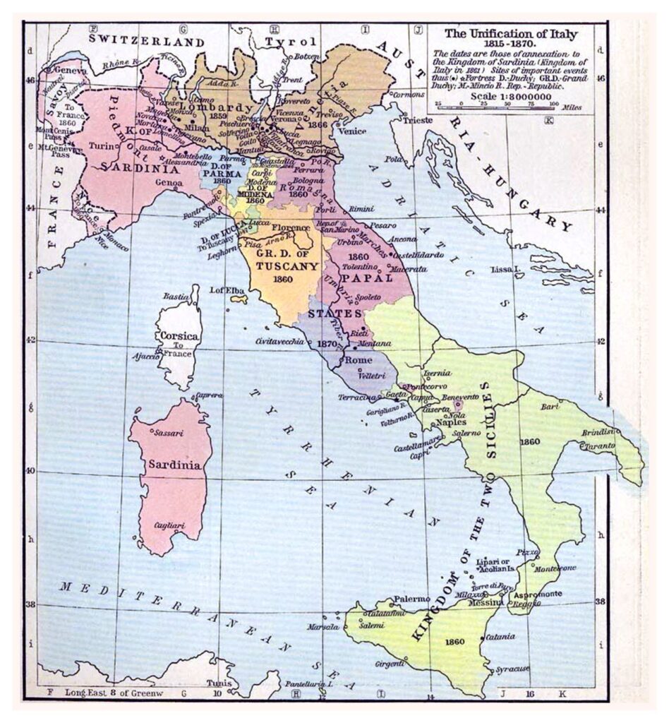 Mappa storica dell’unificazione d’Italia dal 1815 al 1870: gli Stati preunitari colorati con le date di annessione al Regno di Sardegna, la cessione di Nizza e Savoia alla Francia e la presa di Roma nel 1870